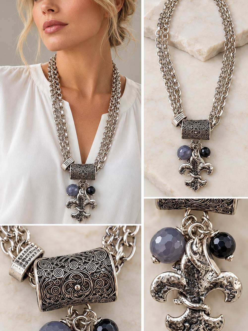 Fleur-de-Lis Silver Statement Necklace with Gray Beads